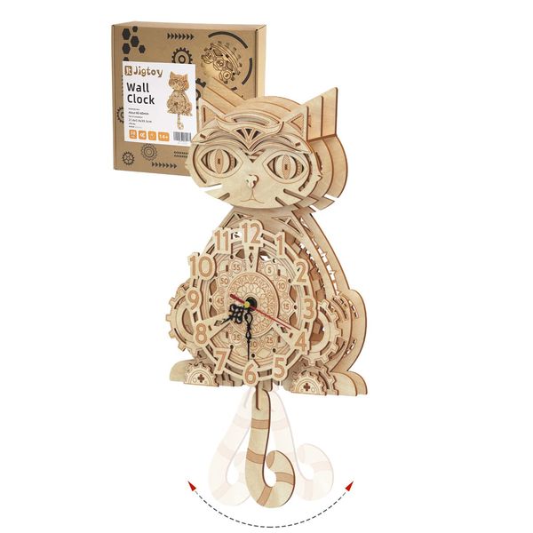 Wooden 3D Puzzles for Adults Model kit Cat Clock Kids Wall Clock Decor for Birthday Gift/Christmas Day