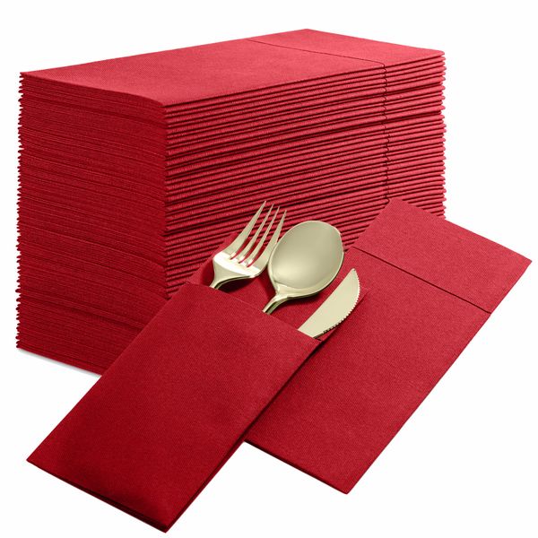 Disposable Linen-Feel Dinner Napkins with Built-in Flatware Pocket, 50-Pack BRIGHT RED Prefolded Cloth Like Paper Napkins For Christmas, Dinner, Wedding Or Party [Silverware NOT Included]