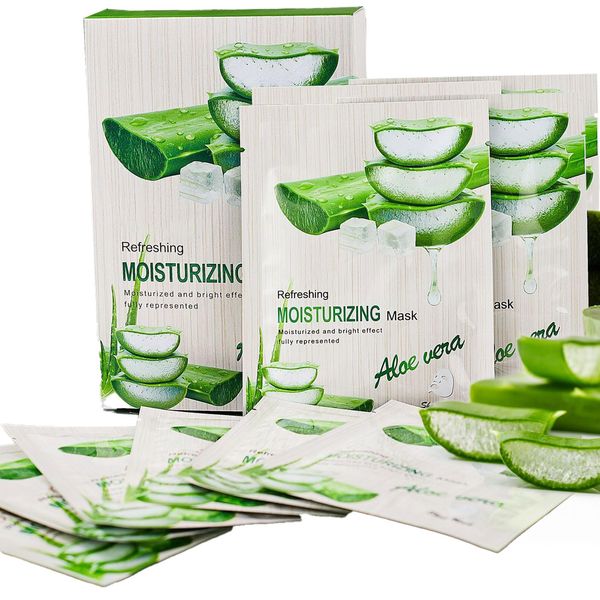 Shefave Aloe Vera Tuchmasken Gesicht, Feuchtigkeitsspendende Gesichtsmasken, Masken Beauty, Aloe Vera Gel Beruhigende Mask Skin Repair Face Sheet Mask After Sun (30ml x 10 Stück) (grün)