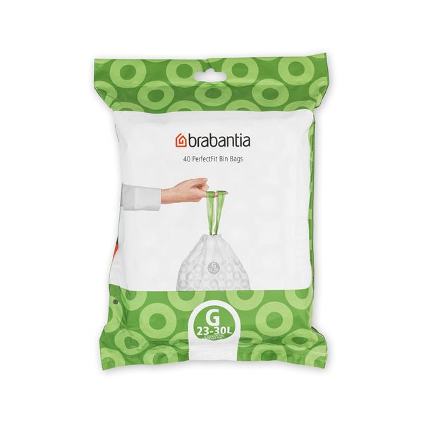 Brabantia PerfectFit Bin Liners (Size G/23-30 Litre) Thick Plastic Trash Bags with Tie Tape Drawstring Handles (40 Bags)