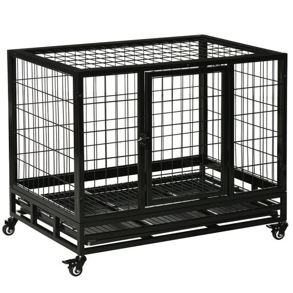 38" Heavy Duty Metal Dog Crate Pet Cage with Tray Wheeled Dog Kennel