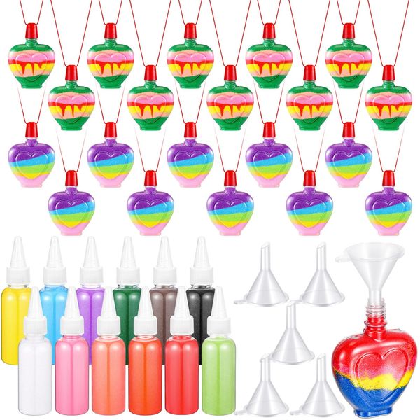 Bokon 37 Pcs Sand Art Bottle Necklace Kits Include 20 Pcs Plastic Sand Art Bottle Necklaces, 12 Pcs 12 Colored Art Sand, 5 Mini Plastic Funnels for Class Sand Art Containers Art Crafts Party Supplies