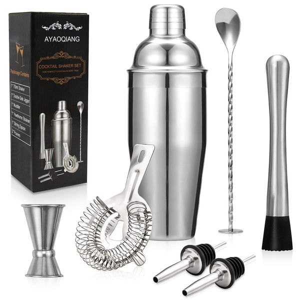 Cocktail Shakers Set,7 Pieces Cocktail Making Kit,Cocktail Shaker Set 750ml Stainless Steel Bar Tool Set Bartender Kit with Double Jigger,Muddler,Strainer,Pourers,Mixing Spoon