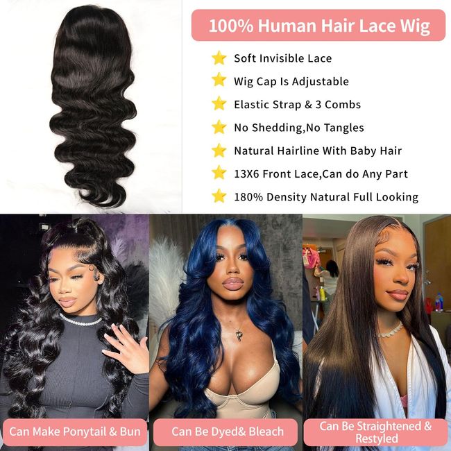 Anderah Body Wave Lace Front Wigs Human Hair 13x6 HD Lace Glueless Human Hair Wig Pre Plucked Natural Hairline Brazilian Human Virgin Hair Long Black Body Wave Wig for Black Women 180% Density 24Inch