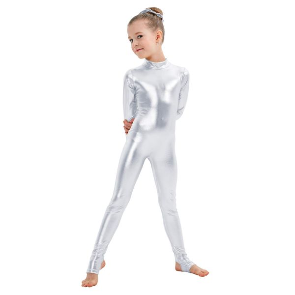 Kepblom Girls Shiny Metallic Mock Neck Unitard Long Sleeve Zipper Back One Piece Bodysuit Costume