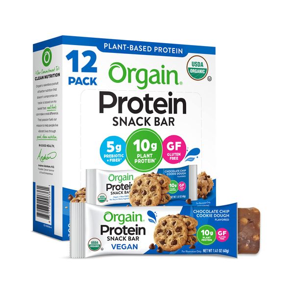 Orgain Organic Vegan Protein Bars, Chocolate Chip Cookie Dough - 10g Plant Based Protein, Gluten Free Snack Bar, Low Sugar, Dairy Free, Soy Free, Lactose Free, Non GMO, 1.41 Oz (12 Count)