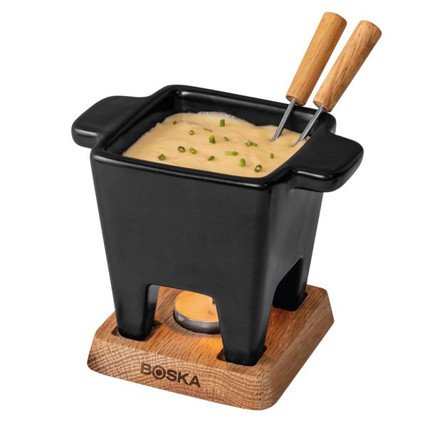 Boska Fondue Set Nero - Tapas Mini Fondue Set on Tea Light - 300 ml Volume for 175 gr Melted Cheese - Inc. Fondue Forks - Microwave- and Dishwasher Safe