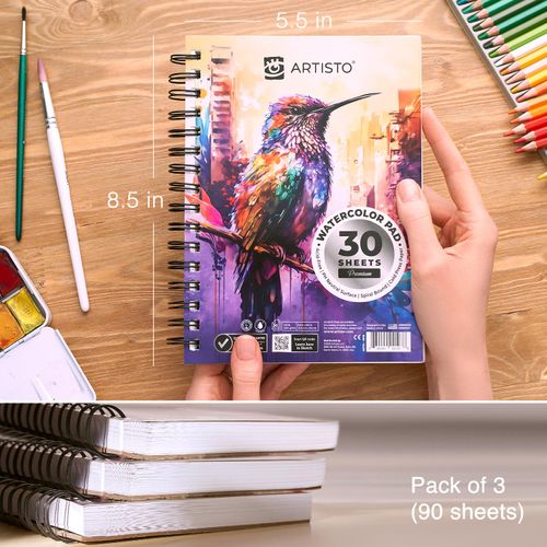 Artisto Watercolor Pads 5.5x8.5”, Pack of 3 (90 Sheets), Spiral Bound, Acid-Free Paper, 140lb (300gsm), Perfect for Most Wet & Dry Media, Ideal for Beginners, Artists & Professionals