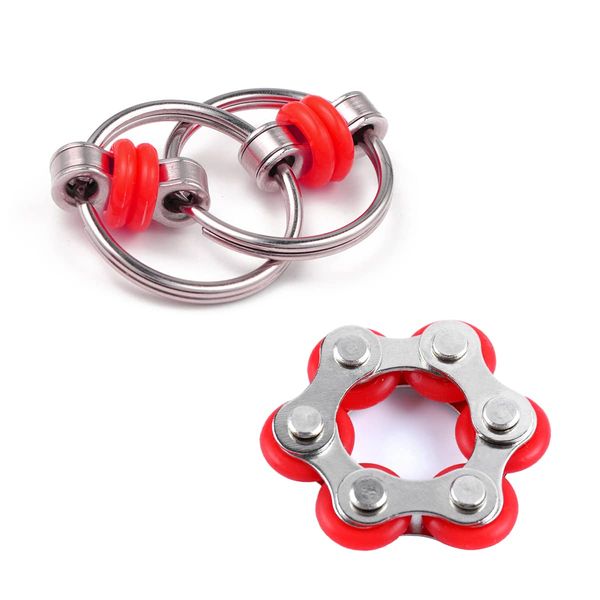 Jagowa 2 Pieces Flippy Key Chain Fidget Toy Six Roller Chain Stainless Steel Decompression Chain Stress Reducer Bicycle Chain for Adults and Teens ADHD Anxiety Autism (Red) (2208-61C)