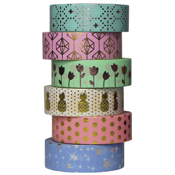 UOOOM 6 Rolle Washi Tape Set, 10m x 15mm, Schön Farbe Gold Kupfer Silber Foliendruck Muster Masking Tape Klebeband Bunte Klebebänder DIY Scrapbooking Deko Basteln (Design 9061)