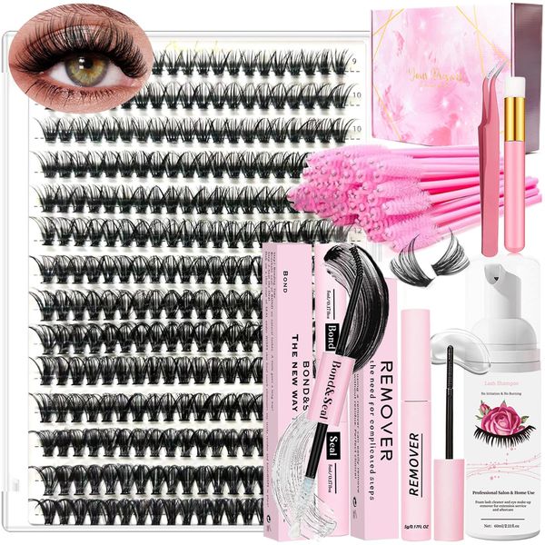 Kit di Estensione Ciglia Individuale per Principiante a Casa con 280 Pcs 9-16mm Lunghezza 40D Curl Lash Clusters Lash Bond e Seal Glue Remover,Pinzette,Ciglia Pulitore Lash Applicator Tool