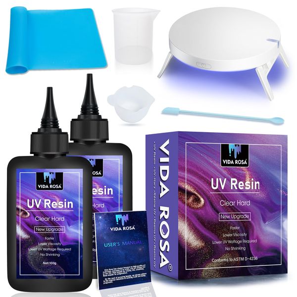 VIDA ROSA 200g UV Resin Kit with Upgraded UV Lamp 24W,Ultraviolet Epoxy Resin Hard,UV Resin kit light Starter Jewelry Making Kit for Craft Beginner, DIY Crafting