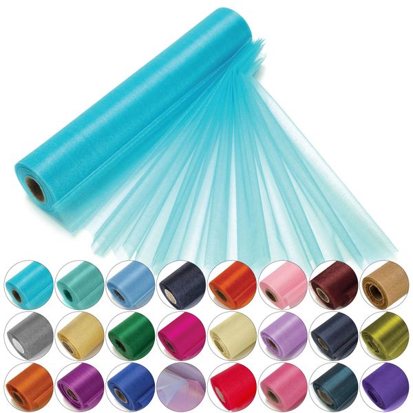 29cm x 25m Roll of Organza Sheer Fabric - Elegant Decorative Cloth for Wedding Chair Bows, Table Runners, Party Favours - Crafting Supplies for Ribbons, Dress Accents,and Bags, Aqua Blue