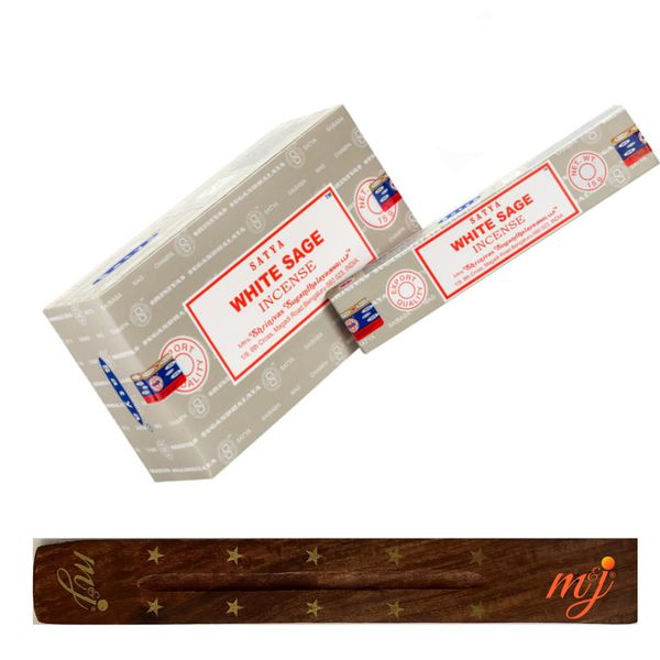 Original Satya Nag Champa White Sage Incense Sticks | with M&J incense sticks holder | Full Box | for Aromatherapy, Spa, Yoga, Weddings, Meditation, Healing, Positivity and Relaxation