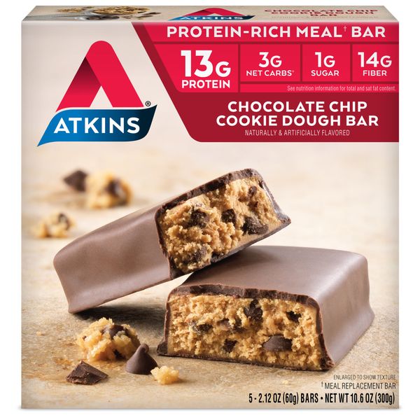 Atkins Protein-Rich Meal Bar, Chocolate Chip Cookie Dough, Keto Friendly, 5 Count (Pack of 6)