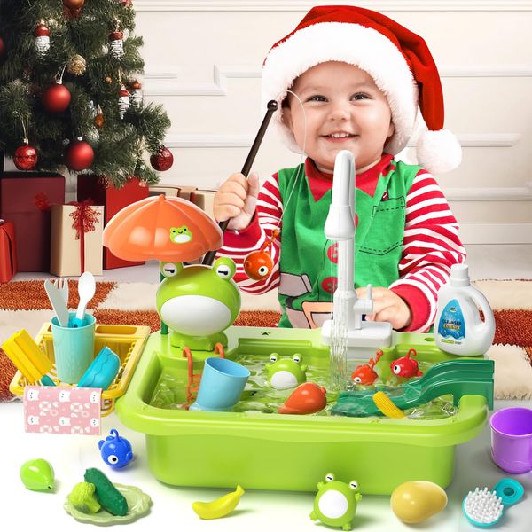 HAPYSTAR Play Sink with Running Water, Toddler Kitchen Sink Toys with Electric Faucet, Play Kitchen Accessories, Floating Fishing Game, Dishwasher Water Play Toys for Kids Toddlers Boy Girl Gift