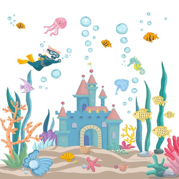 Amaonm Removable 3D Cartoon DIY Under The Sea World Wall Decals Castle and Seaweed Wall Stickers Ocean Fish Wall Decor for Girls Bedroom Kids Bathroom Home Walls Living Room Decoration (Castle)