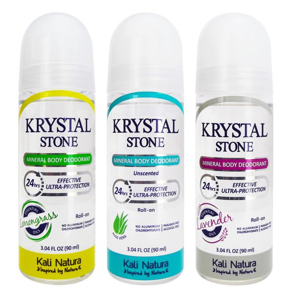 KRYSTAL STONE Deodorant 3-Pack Roll On of Potassium Alum with Aloe Vera & Essential Oils - VEGAN. CRUELTY FREE. ECO-FRIENDLY