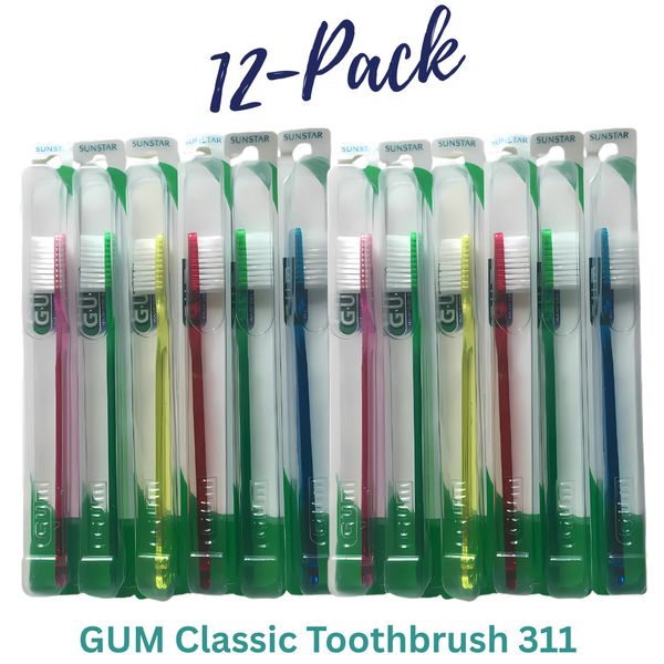 12-PACK GUM Classic Toothbrush 311, Compact, Slender Head, Soft 3-Row Bristles