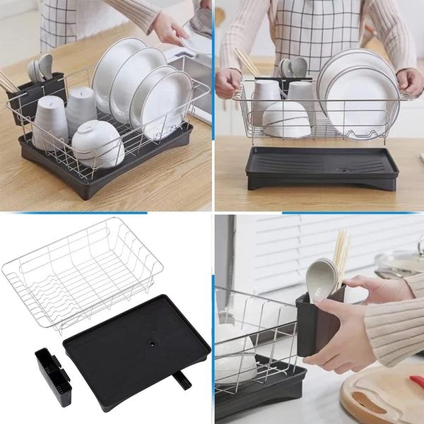 ORANGEHOME Dish Drainer Rack Dish Drainer Stainless Steel Automatic Drainage Dish Drying Dish Storage Antibacterial Kitchen with Movable Water Flow Gutter Dish Basket Black