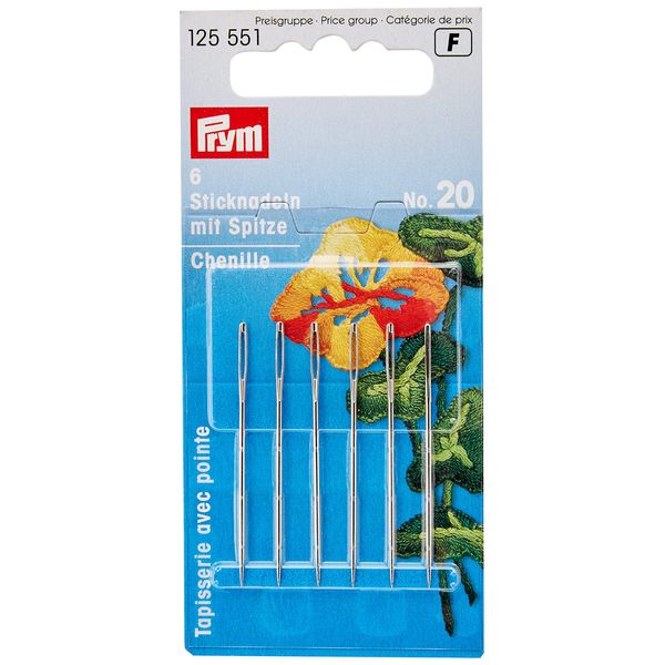 Prym Chenille Embroidery Needles, Sharp Point No. 20, Silver with Gold Eye, 6 in 43 mm