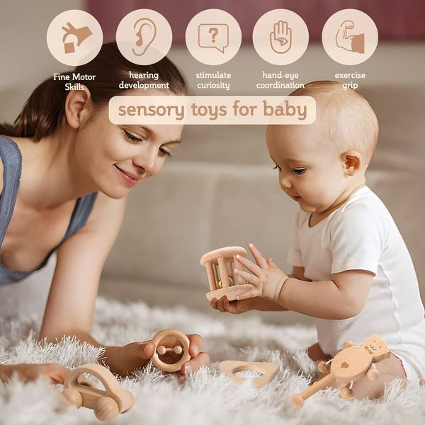 Wooden Baby Toys for Babies 0-6 Mounths, Wooden Rattles Grasping Toys Set, Montessori Wood Baby Push Car and Handbells，Interlocking Dics Toys, Wooden Toy for Newborn Infant Baby Gifts, 5 PCS