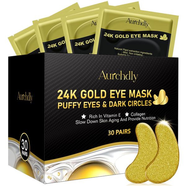 Aurchdly Under Eye Patches(24K Gold 30 Pairs), Gel Eye Mask for Reduce Dark Circles, Puffy Eyes,Undereye Bags, Wrinkles,-with Hyaluronic Acid & Collagen,Eye Treatment Skin Care for Men & Women Gift