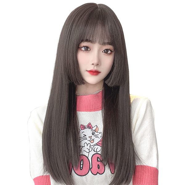 Princess Cut Wig, Hair Piece, Long, Straight, Black Hair, Cross-dressing, Full Wig, Lolita, Cosplay, Face Slimming, Natural, Heat-resistant, Net, Gift Box Included, (Light Brown)