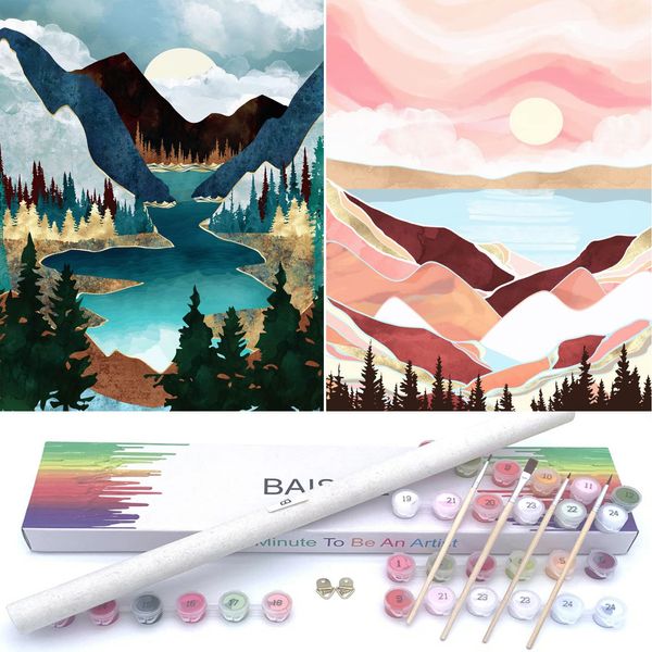 BAISITE Paint by Numbers for Adults Beginners and Kids,12" Wx16 L 2 Pack Canvas Pictures Drawing Paintwork with 8 Pcs Wooden Paintbrushes,Acrylic Pigment-1112