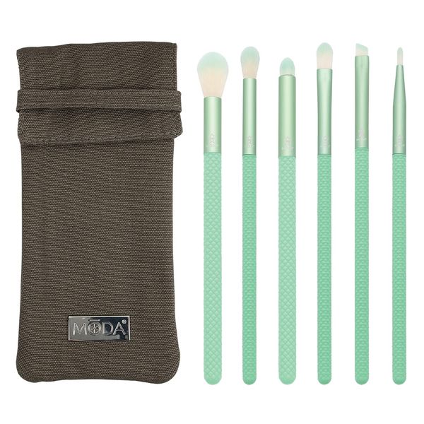 MODA Renew, 7pc Eye Makeup Brush Kit with Pouch, Includes - Eye Contour, Crease, Smoky Eye, Shadow, Brow and Liner Brushes, Mint Green