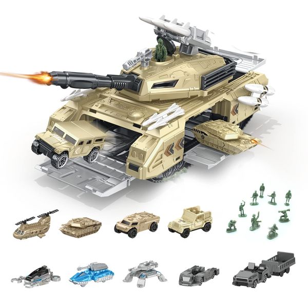 RedCrab Army Tank and Army Men Toy Play Set, 9 Dismountable Military Vehicles Tank Models and 9 Tiny Toy Soldiers, Military Vehicles Toys for Kids Boys