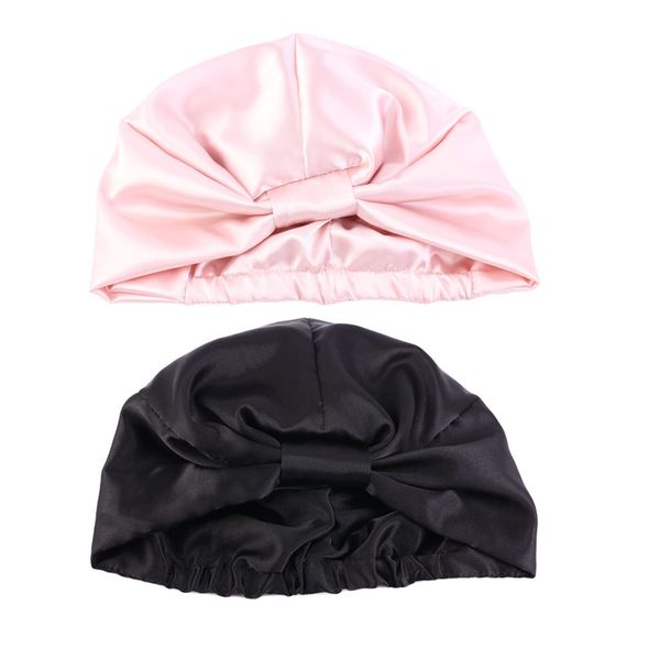 eHooyau 2 Pcs Multi-Color Silk Night Caps Silk Bonnet Sleeping Cap Set Sleeping Head Cover Hair Loss Cap Hair Turbans for Women and Girls Hair Protection (Pink&Black)