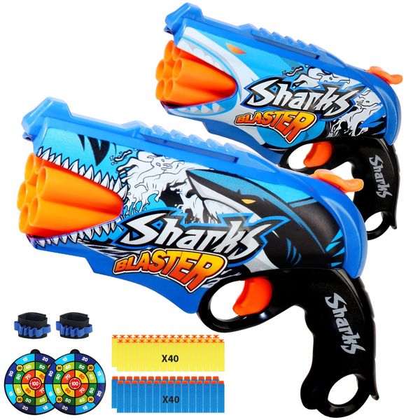 2 Pack Shark Graffiti Toys Foam Blaster with 80 Soft Bullets, Boys Toy Blaster, 6-Dart Rotating Drum Pistol Toy, Foam Dart Blaster Shooting Game, Kids Activity Dart Toys, Birthday