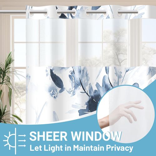 WITHLOC No Hook Shower Curtain with Snap in Liner - Floral Shower Curtain - Fabric Waterproof Inner Liner, Plants Navy Blue Extra Long Modern Cloth Shower Curtains - Machine Washable, 71 x 86