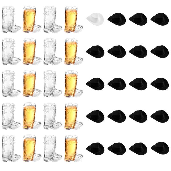 Sumind 40 Pieces Cowboy Cowgirl Party Decorations Supplies Included 20 Plastic Mini Western Cowboy Hats and 20 Pcs 1 oz Miniature Cowboy Boot Shot Glasses for Cowboy Birthday (Black, White, Clear)