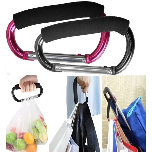 Large Stroller Hooks for Mommy, 2 pcs Carabiner Stroller Hook Organizer for Hanging Purses, Diaper Bag, Shopping Bags. Clip Fits Single/Twin Travel Systems, Car Seats and Joggers (Black+Rose)