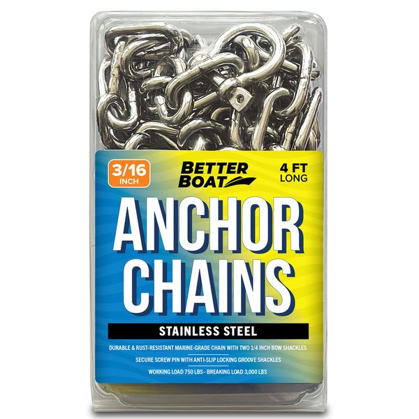 Stainless Steel Anchor Chain, Boat Anchor Chain, Anchor Chains for Boats, Stainless Anchor Chain, Double Boat Anchor Shackle Link Ends Marine Grade Boat Accessories 4 Ft Chain 3/16" Width