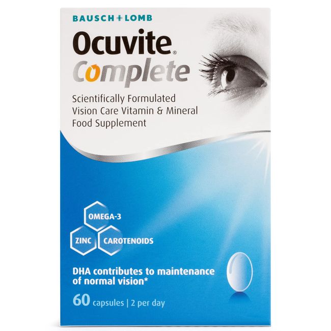 Ocuvite Complete, Eye Supplement Capsules, by Bausch + Lomb, Lutein and Zeaxanthin supplement with DHA Omega 3 plus Zinc, Supports Normal Vision, Two Capsules per Day