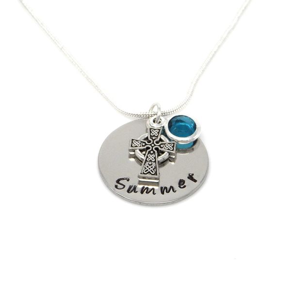 Personalised Celtic Cross Necklace with Birthstone Charm - Gift Boxed
