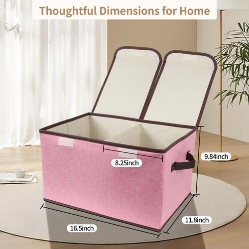 Tcbelosion Foldable Fabric Storage Box with Double-Lid & Dividers, Large Organizer for Home, Closet, Office(Pink)