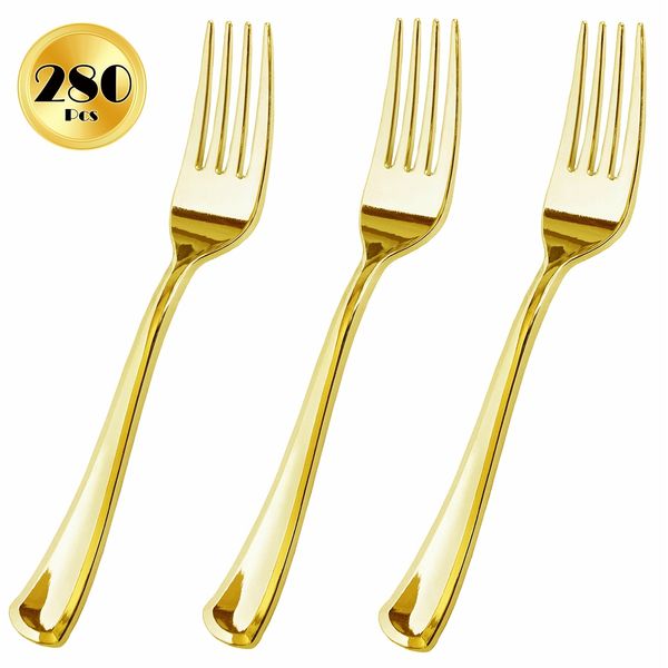 280 Piece Gold Plastic Forks, Reusable & Recyclable, Elegant Party Forks