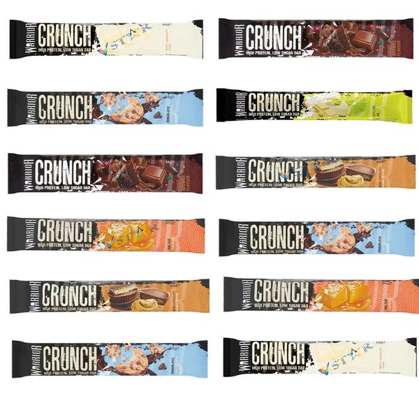 Warrior Crunch Chocolate Chip Cookie Dough,High Protein Low Sugar Bar Fudge Browni & White Chocolate Crisp Protein Bar, 64g (Pack of 12, Random Mixed)