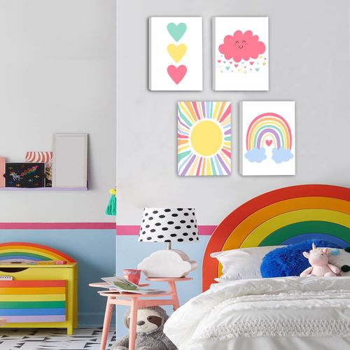 Pink Nursery Wall Art Prints,Framed Boho Pink Rainbow Sun Hearts Canvas Wall Art，Inspirational Poster for Nursery Baby Kids Room Girls Room Decoration, Set of 4(8 x10 Inch)