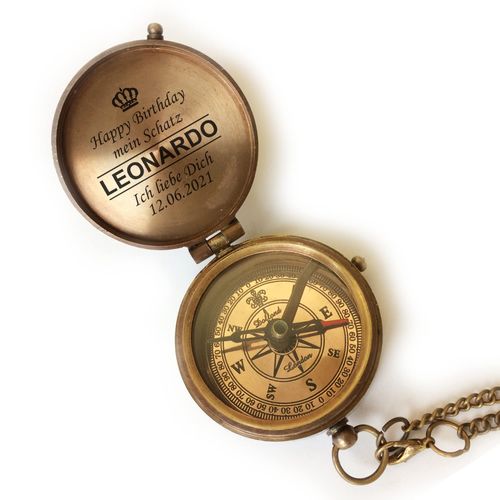 Personalised Compass Vintage Look with Desired Engraving and Leather Case Your Name and Text Various Designs Great Gift Idea (Compass with Leather Bag)