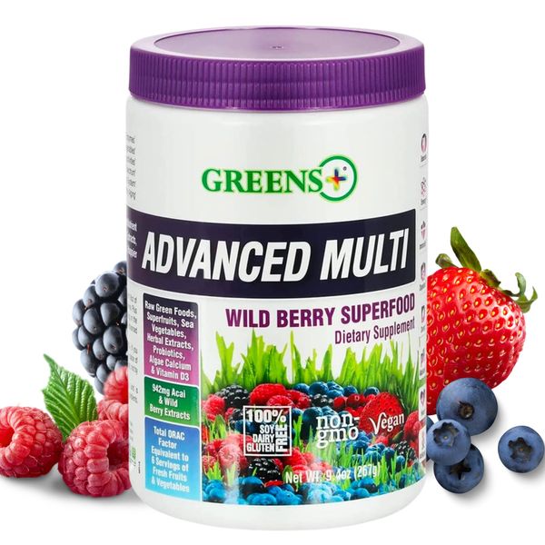 Greens+ Advanced Multi Wild Berry Superfood Powder, Organic Blend, Vegan, Non-GMO, Soy-Free, Dairy-Free, Gluten-Free, Dietary Supplement with Vitamins & Minerals, 9.4 oz