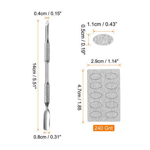 sourcing map Cuticle Pusher Dual Sided, Metal Nail Cuticle Pusher Remover Tool with 50 Pcs 240 Grit Sandpaper Sheets for Manicure Pedicure Nail Art