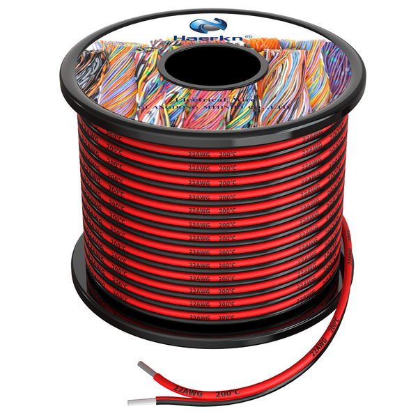 22 awg Silicone Electrical Wire 2 Conductor Parallel Wire line 200ft [Black 100ft Red 100ft] 22 Gauge Soft and Flexible Hook Up Oxygen Free Stranded Tinned Copper Wire