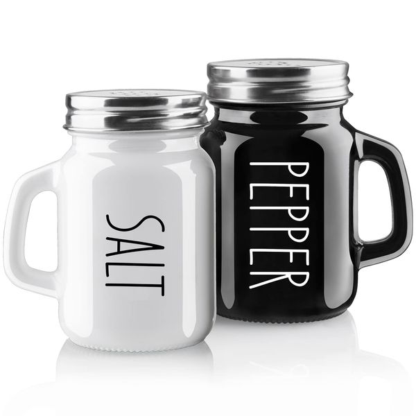 Salt and Pepper Shakers Set, Bivvclaz 4 oz Glass Black White Salt Pepper Shaker Set with Stainless Steel Lid, Modern Kitchen Decor for Home Restaurants Wedding, Ideal Gift Choice