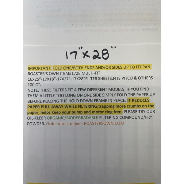 17X28” UNIVERSAL REPLACEMENT FILTER SHEETS 100ct FITS PITCO & PRESSURE FRYERS