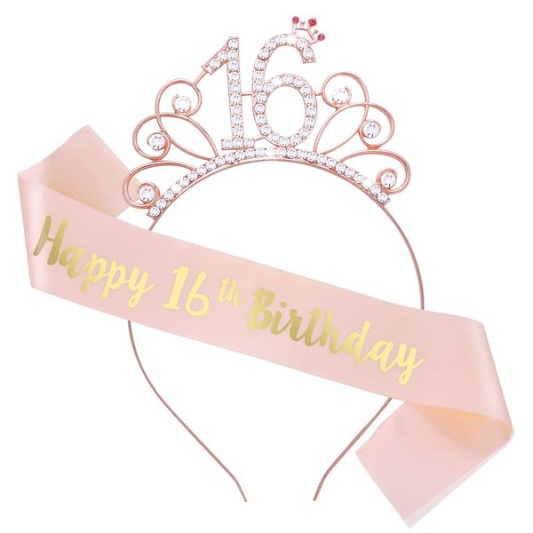 Abeillo 16th Birthday Sash and Rhinestone Tiara for Girls, 16th Birthday Satin Sash Rose Gold Crystal Crown 16 Birthday Gifts for Women 16th Birthday Party Decorations